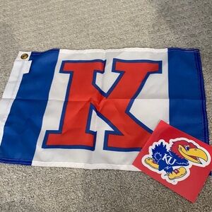 University of Kansas mini flag and sticker